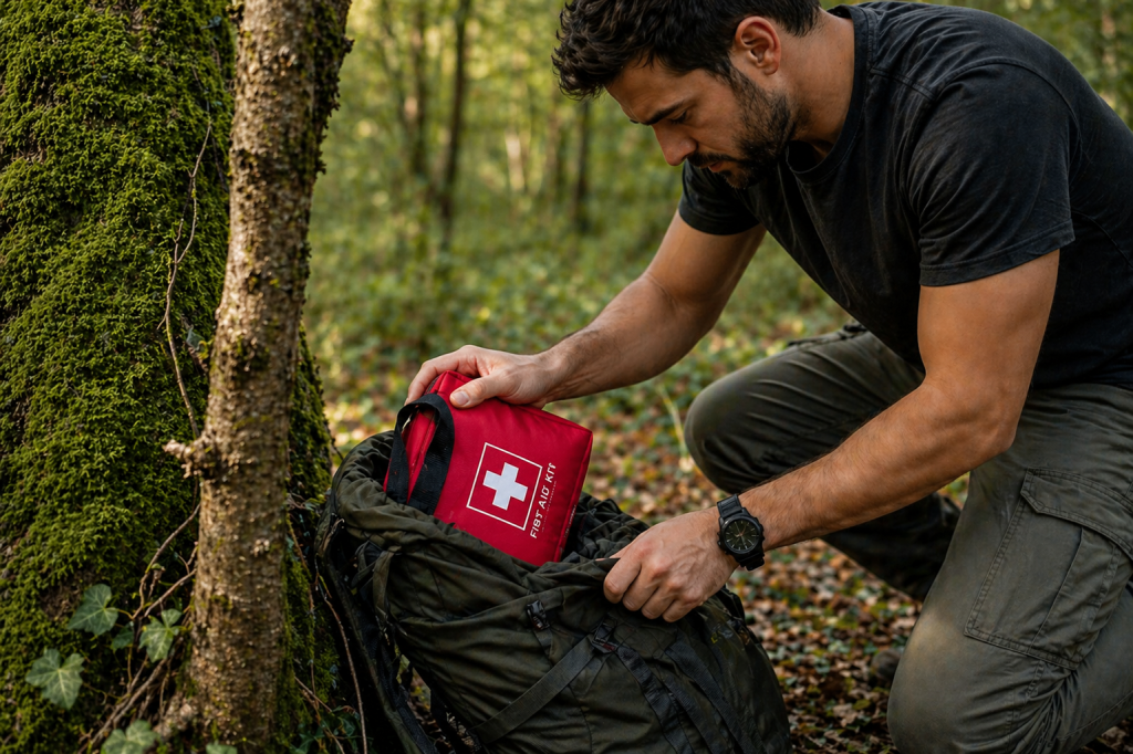 Άνδρας τοποθετεί kit πρώτων βοηθειών σε σακίδιο σε εξωτερικό χώρο την άνοιξη